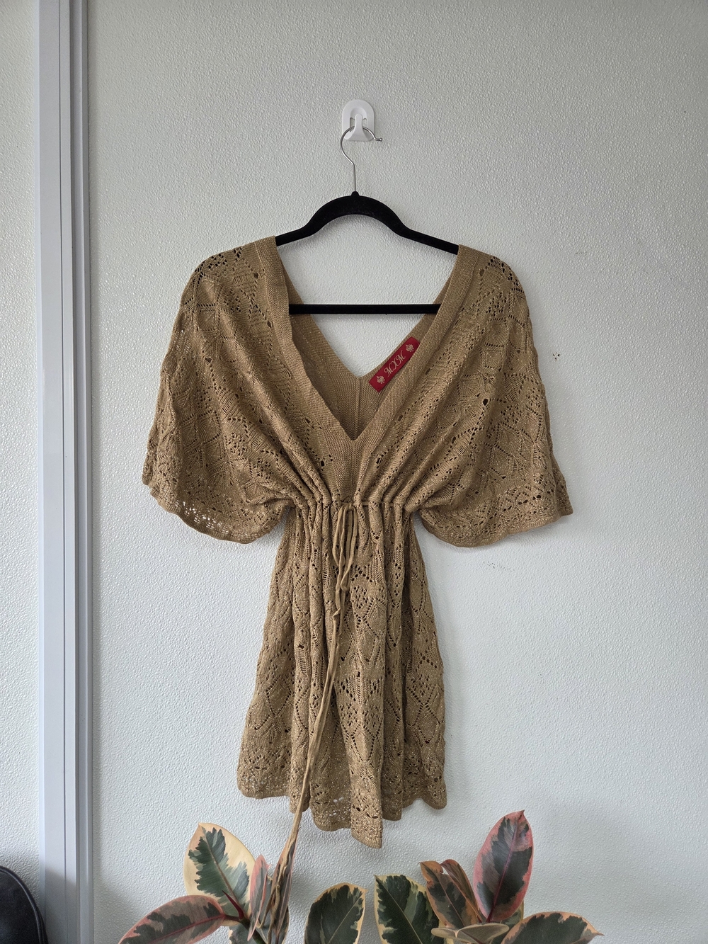 Beige Crochet V-Neck Drawstring Women’s Dress